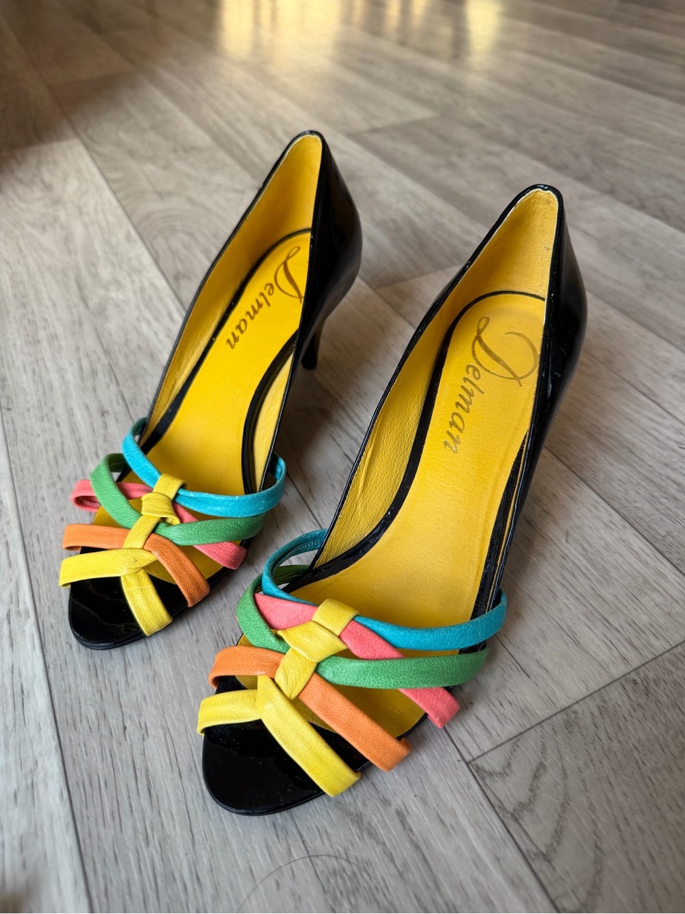 Delman Black Patent Peep-Toe Heels with Bright Multicolor Straps